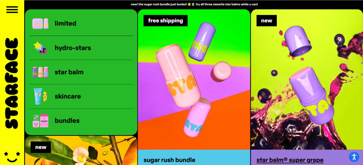 Starface World typography On the Starface World homepage, the product category headings, product names, labels and even the notification bar message are written in all lowercase lettering.