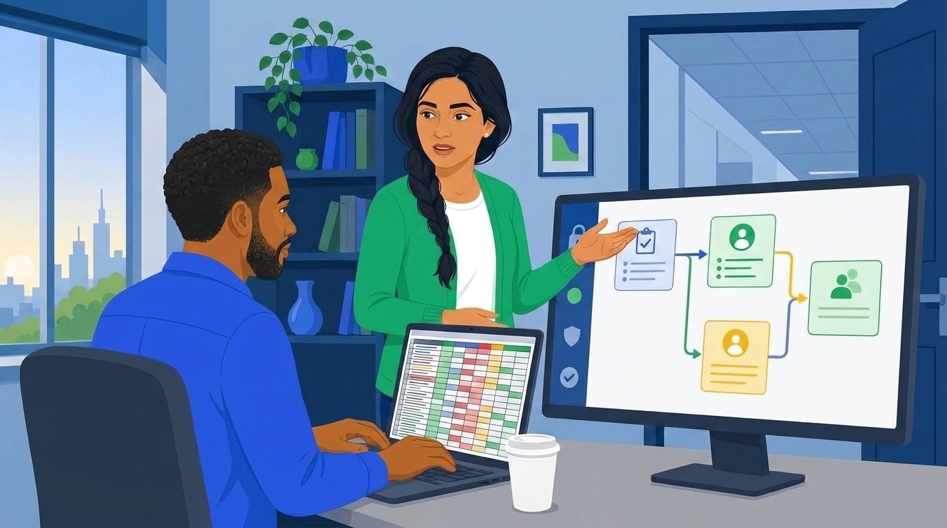 Illustration: Priya and Marcus look at system screen together