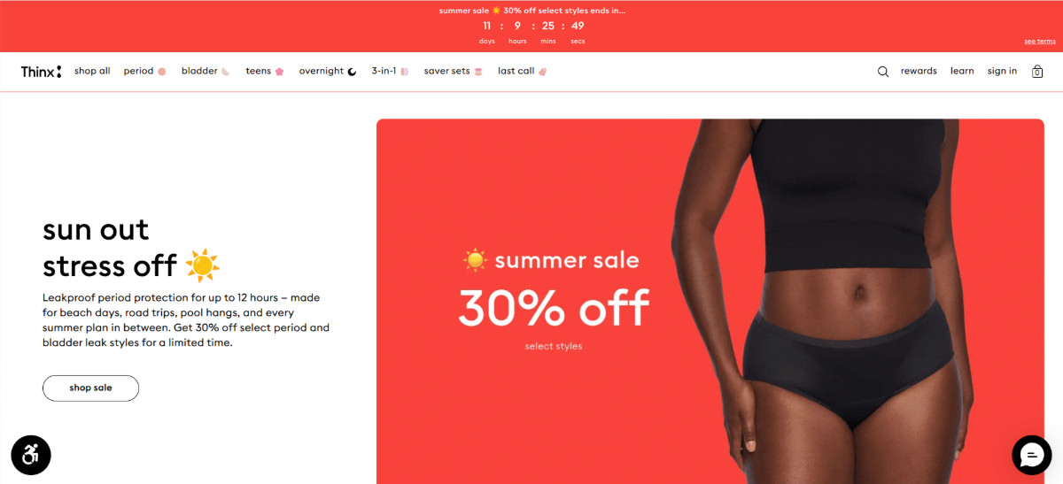 In the hero section of the Thinx website, the heading “sun out stress off”, button “shop sale” and promotional message “summer sale 30% off select styles” are all in lowercase lettering.