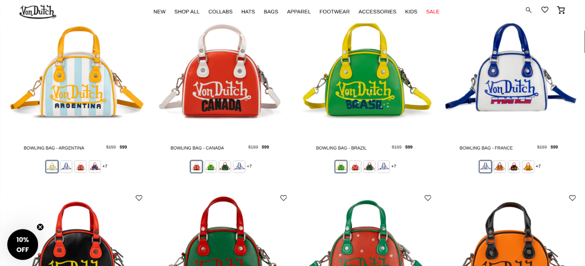 Screenshot of products in the Von Dutch ecommerce shop. Their colorful bowling bags are paired with text labels and pricing beneath them which are in 12px font.