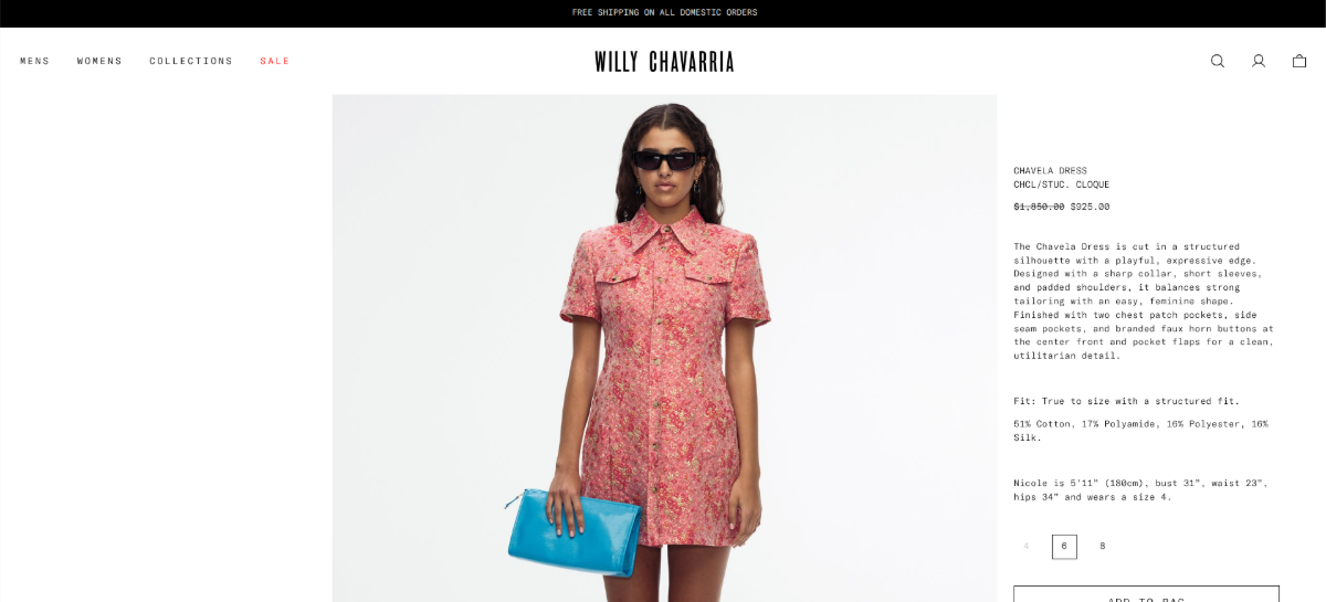 Screenshot of the Chavela Dress page on the Willy Chavarria website. In the center is a photo of the product. On the right in very small text is the name of the product, price and corresponding description. 