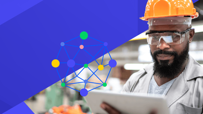 Manufacturing worker using a tablet with an overlay of connected data nodes.