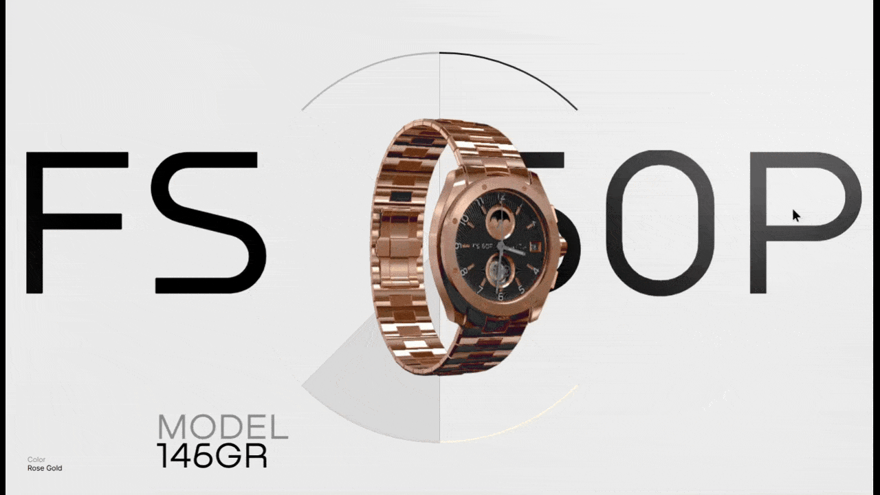 FS 60P interactive watch In this video, we see a user scroll down the homepage of the FS 60P watch. As they scroll, more of the page content unfolds. Most of it is black or gray text against a light gray background. In the foreground is a 3D version of the watch. It spins around so the user can see it from all angles. At the end of this video, we see the clock pieces pull apart.