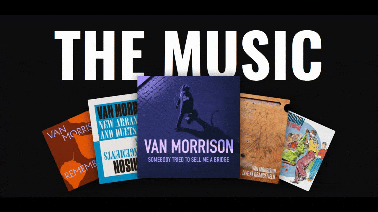 Van Morris interactive albums In this video, we see The Music section of the Van Morrison homepage. There are five overlapping album covers. As the user hovers over each, they move to the foreground. Each album can be clicked. In this example, we see the album “Remembering Now” get clicked and go to the corresponding album page.