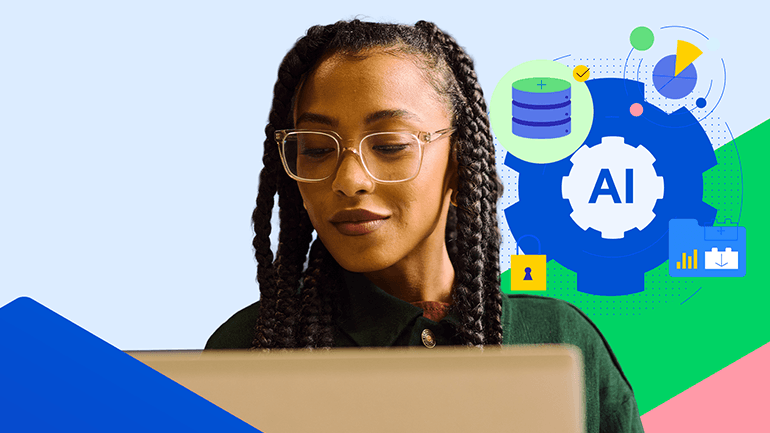 Woman with glasses and an AI decorative graphic