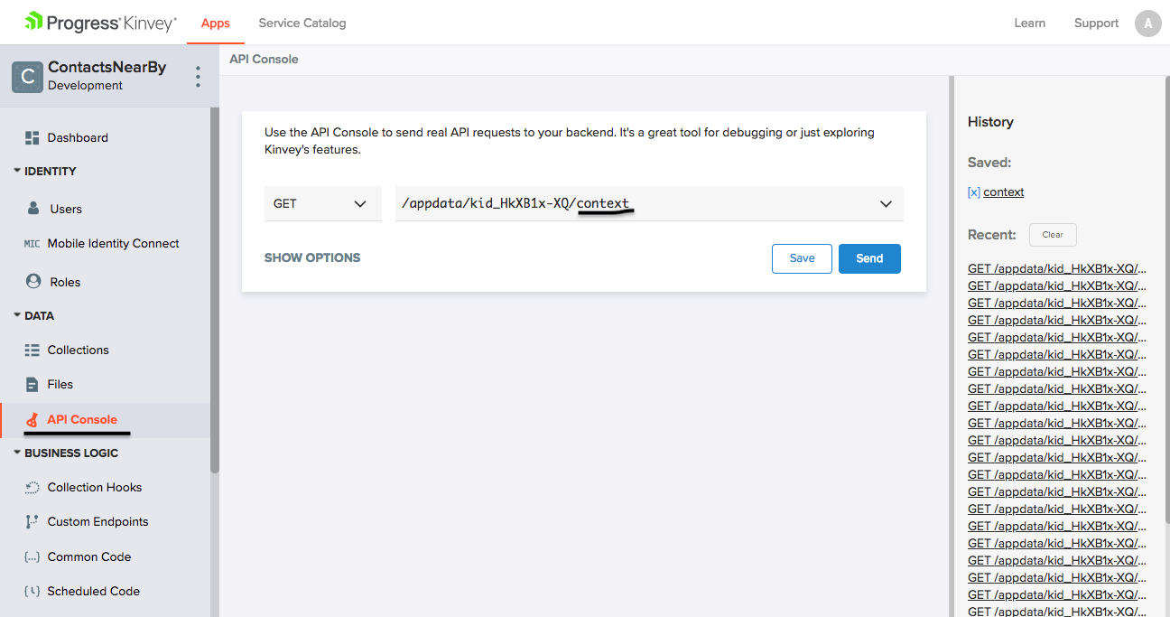 API Request Kinvey API Console
