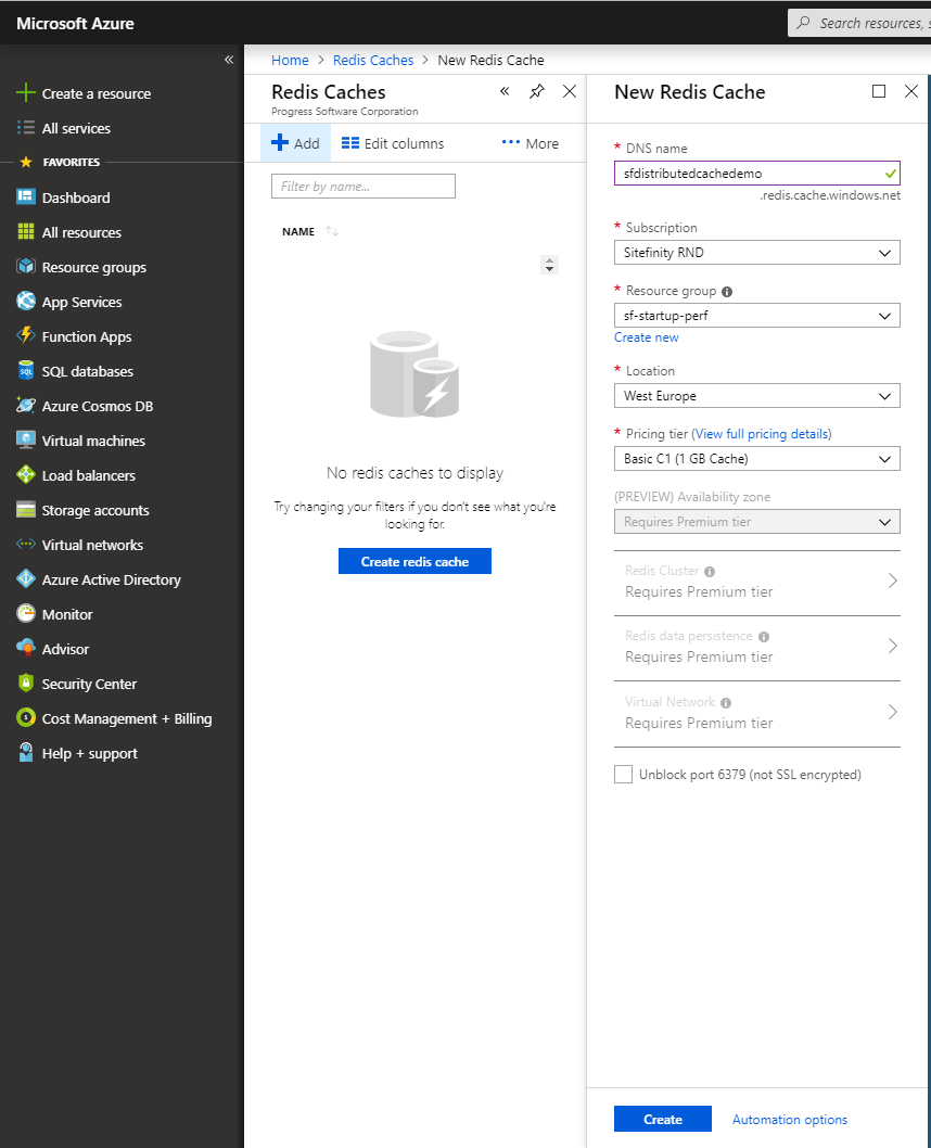 Azure Redis Cache configuration