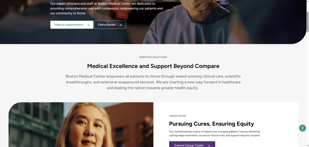A screenshot of the Boston Medical Center home page. On it, we see various sections with subheading text that’s small and in all caps, heading text that’s larger than the rest and bold, and body text.