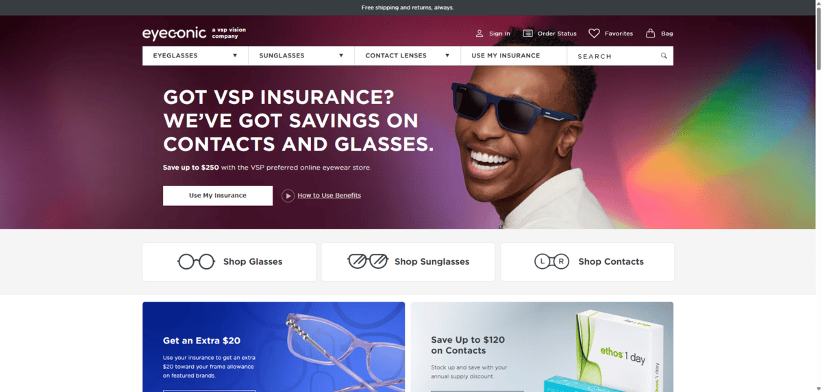 A screenshot from the Eyeconic home page. A man smiles with dark sunglasses on against a purple-ish and colorful background. The text next to him reads: “Got VSP Insurance? We’ve Got Savings on Contacts and Glasses.”