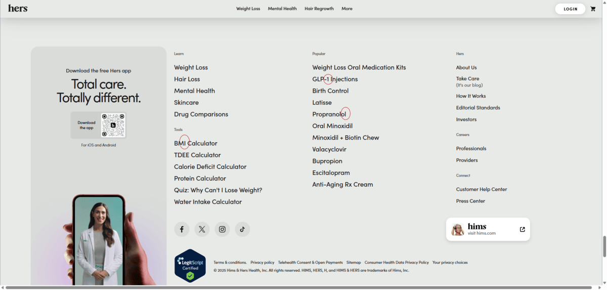 A screenshot of the footer from the Hero website. Three characters are circled in red: The uppercase “I” in “BMI Calculator”, the “1” in “GLP-1 Injections”, and the lowercase “l” in “Propanolol”.