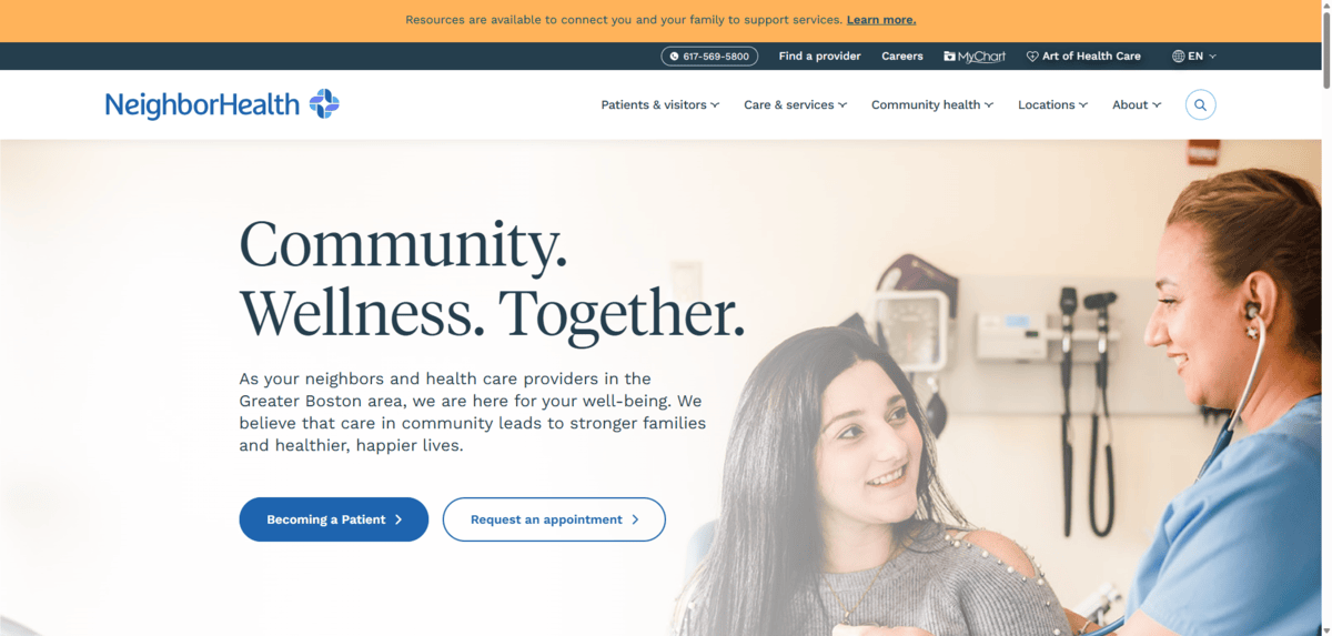 A screenshot of the homepage hero section for NeighborhoodHealth. We see a medical practitioner with a stethoscope in their ears, listening to the heart of a female patient. The text on the left says: “Community. Wellness. Together.”