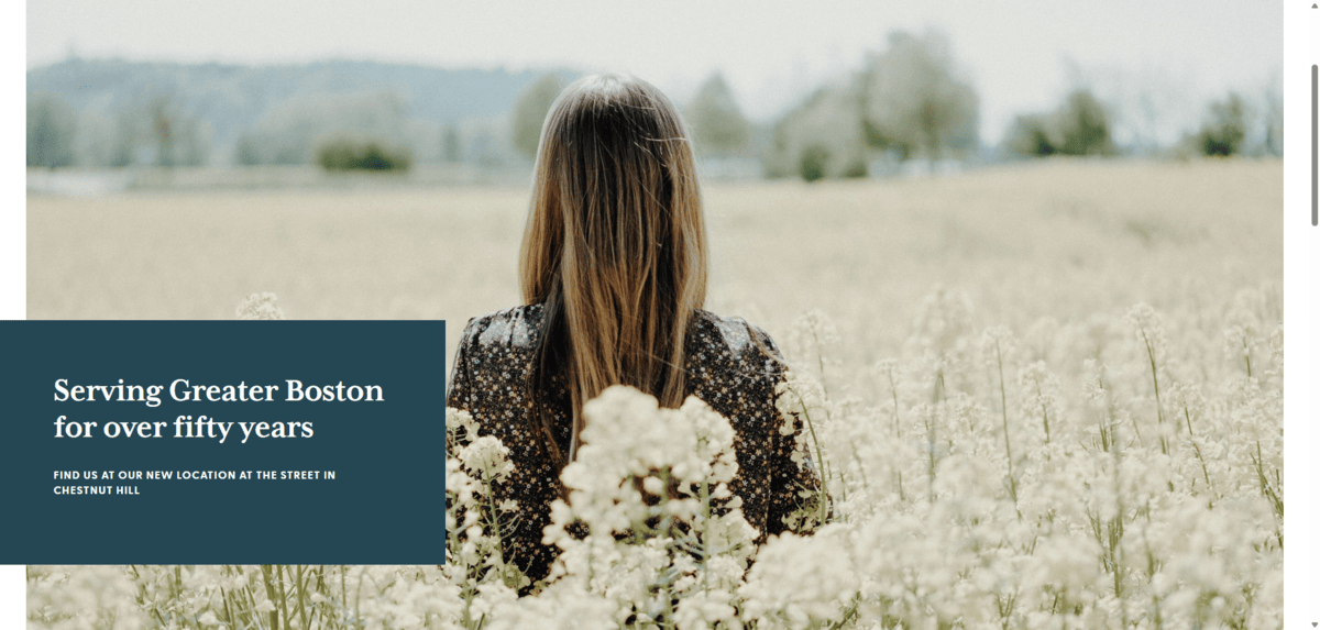 A screenshot of the hero section for New England OB-GYN. There’s a fullscreen photo of a woman with her face turned away from us while she stands in a field of white flowers. The text to the left reads: “Serving Greater Boston for over fifty years- Find us at our new location at the street in Chestnut Hill”
