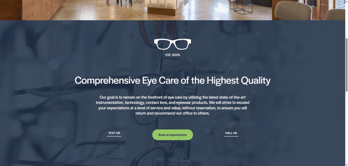 Screenshot from the Vision North Boston home page. In this section, we see a headline that reads “Comprehensive Eye Care of the Highest Quality”. Per the Google Inspect tool, it is 3.6rem or 3.6 times the size of the root font for the website.