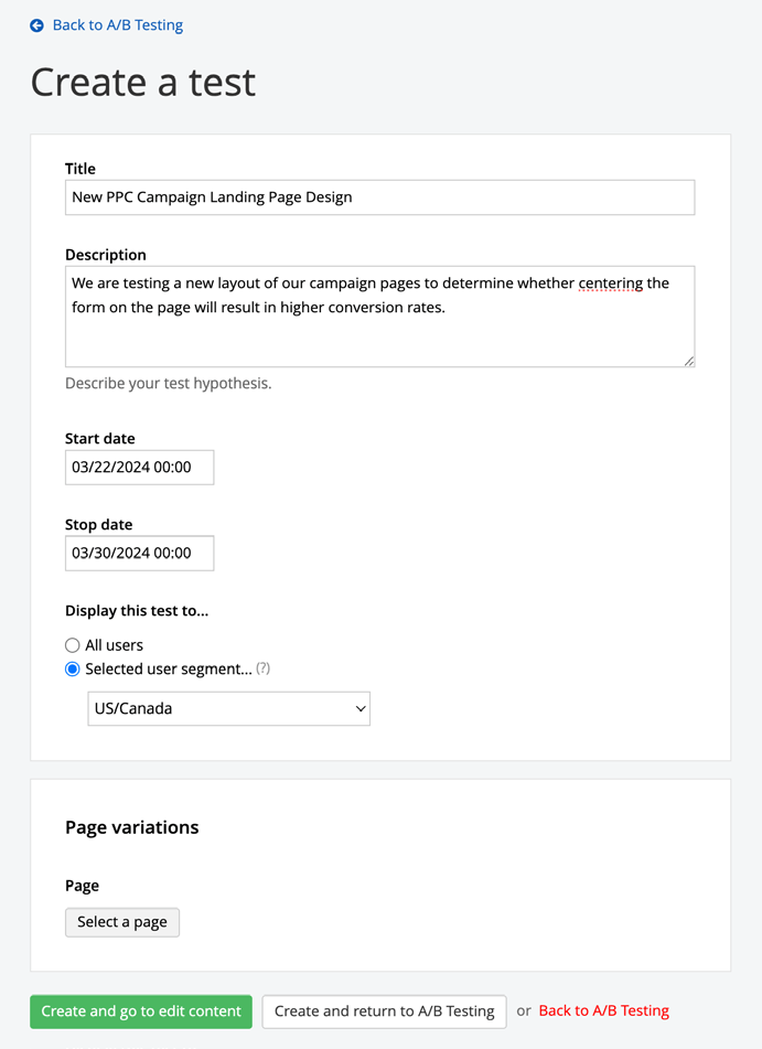 Sitefinity Create a Test page