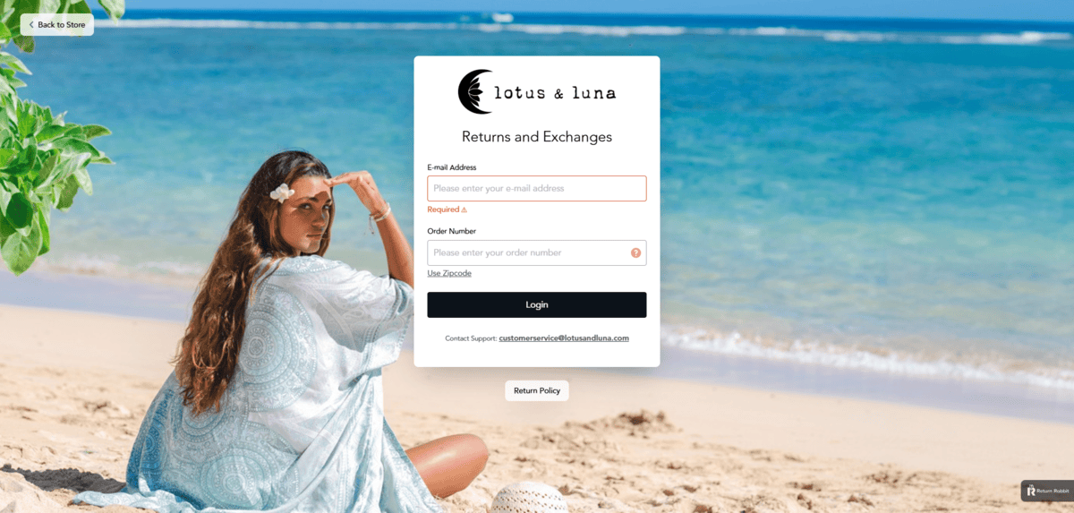 Lotus & Luna customers can access their order info and request returns and exchanges via the website. No password is needed. Just an Email Address and Order Number.