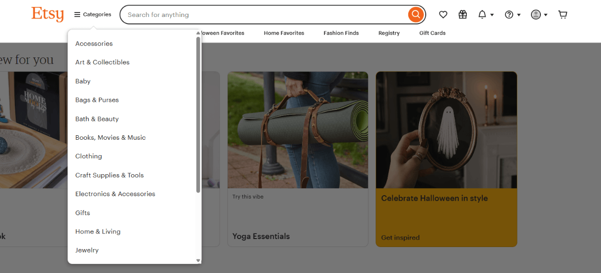 Etsy website header A screenshot of the Etsy website header shows the Categories hamburger menu open. It shows categories for Accessories, Art & Collectibles, Baby, Bags & Purses, Bath & Beauty, Books, Movies & Music, Clothing, Craft Supplies & Tools, Electronics & Accessories, Gifts, Home & Living, and Jewelry.