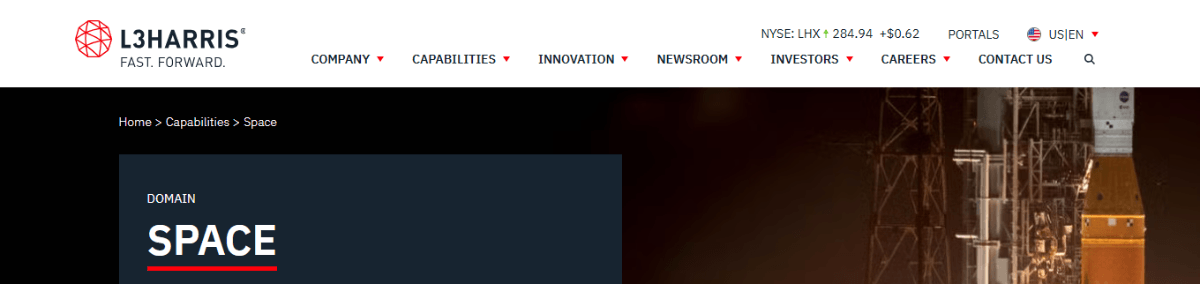 L3Harris website header in white A screenshot of the full header on the L3Harris website. The logo and black navigation links sit on top of a solid white background when a user hovers over the header or scrolls down the page.