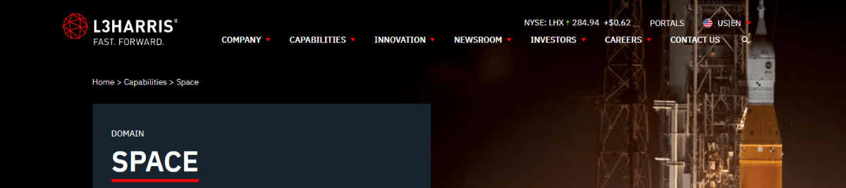 L3Harris website header A screenshot of the full header on the L3Harris website. The logo and white navigation links sit on top of the space imagery in the background.