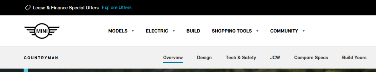 MINI website navigation - NORMAL A screenshot showing what the ACTIVE navigation link state looks like on the MINI USA website. In this example, the Active link is in a secondary navigation bar beneath the primary one in the header. The “Overview” page is selected and is in black font, with a thin blue underline beneath it..