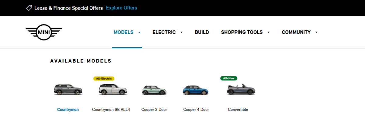 MINI website navigation - HOVER A screenshot showing what the HOVER navigation link state looks like on the MINI USA website. We see two links in blue — the top-level navigation link called “MODELS” and the secondary link below it called “Countryman”.