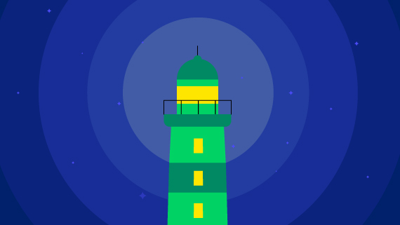 Green lighthouse against blue starry sky