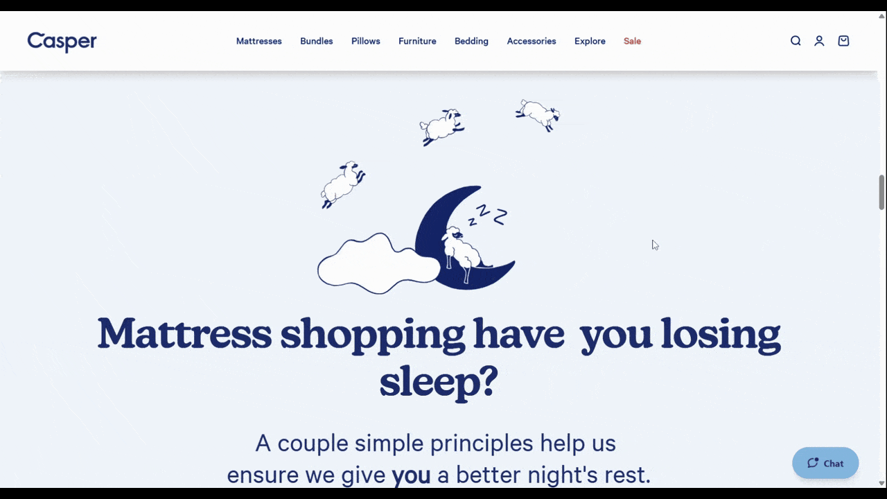 A video shows an animation on the Casper website homepage. As users scroll past the “Rule #1” section, the text stays where it is while the “Rule #2” content from the next section moves up to fill the white space next to “Rule #1”.