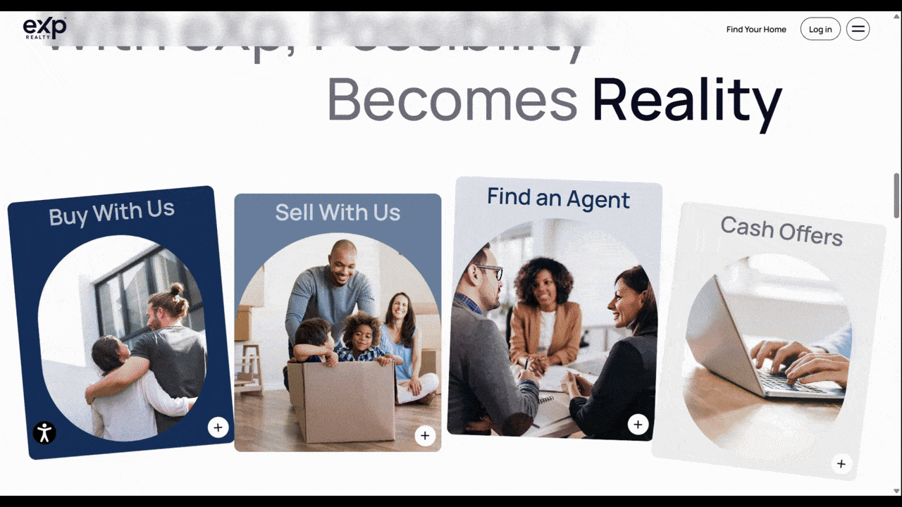 A video depicts the scrolling animation that takes place in the “We’re Built for This” section on the eXp website. When a user scrolls, the video in the right corner expands to take the place of the text and fill the section.