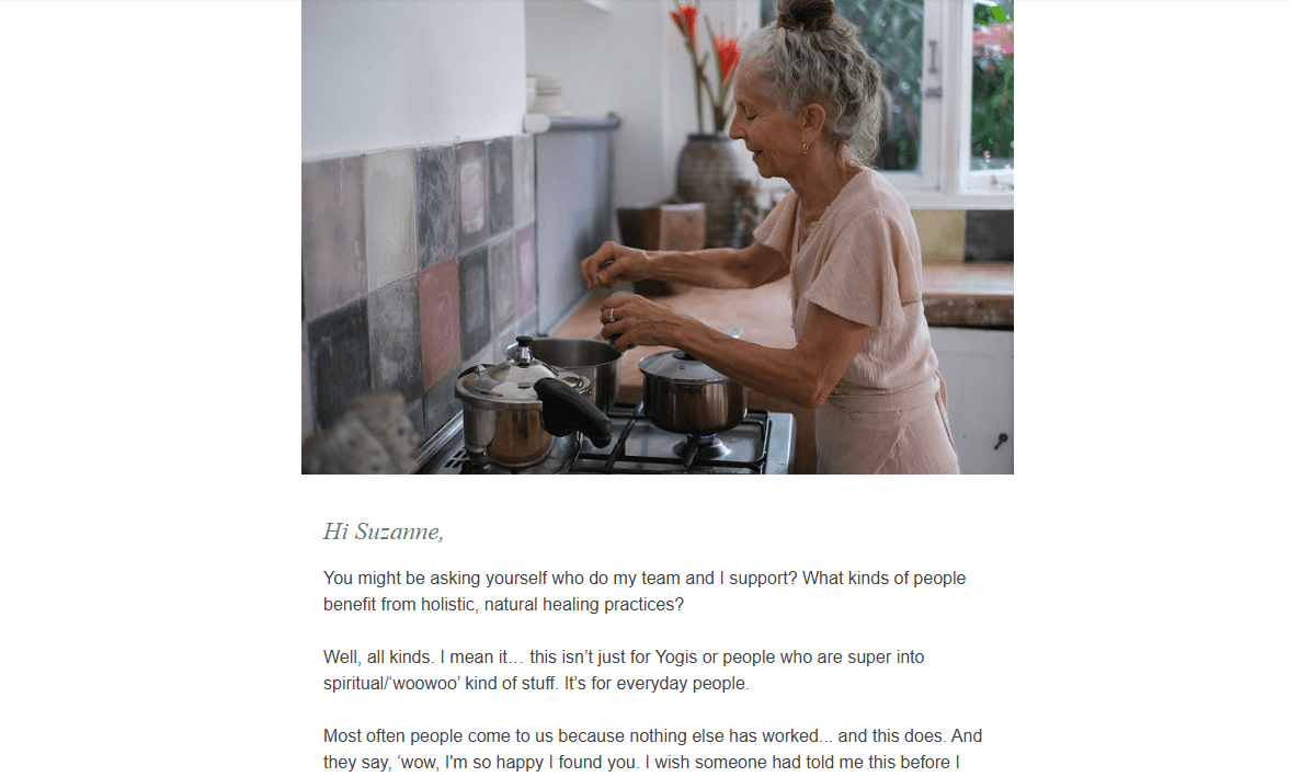A screenshot from the top of a Hale Pule newsletter. The top half shows a photo of the founder Myra Lewin working over the stove. Below is a lengthy email with a personal greeting to the subscriber.