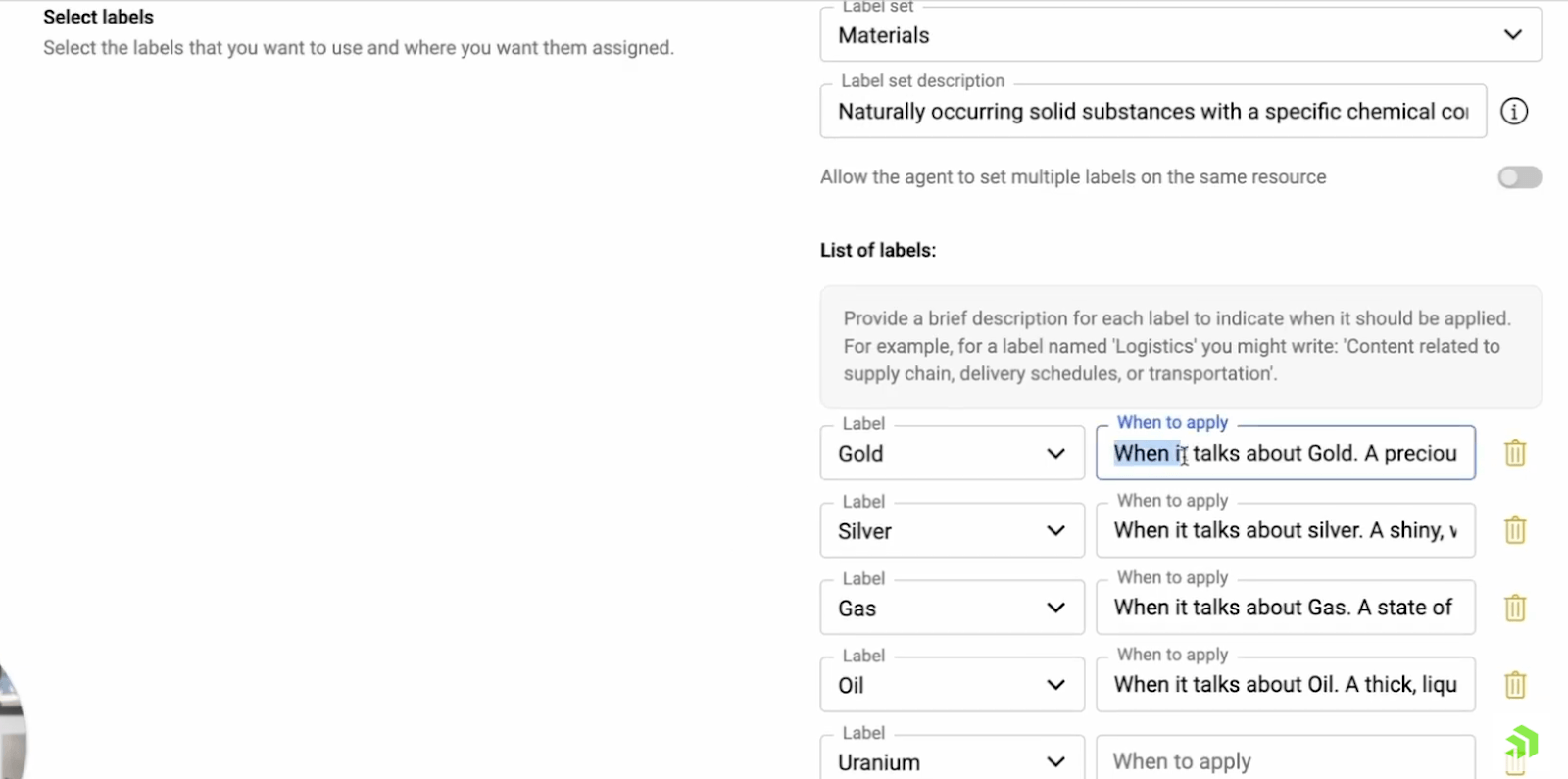 A label set for materials. List of labels like gold, silver, gas, oil. Each has a description of when to apply