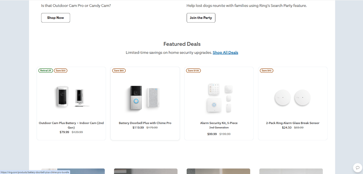 Screenshot of the “Featured Deals” section on the Ring website homepage. We see four home camera and alarm system products laid out in four equally sized white blocks.