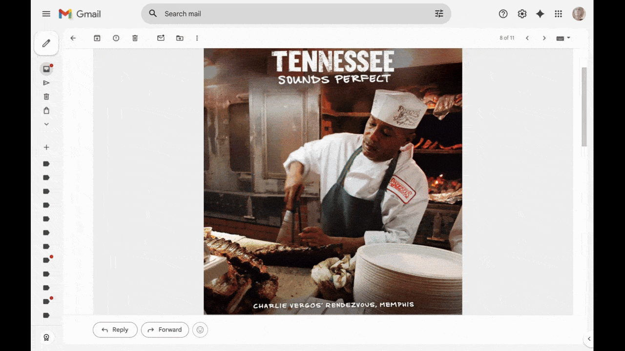A video showing the above-the-fold section of the Tennessee tourism newsletter. At the top is sticky text that says “Tennessee Sounds Perfect”. Beneath and below the tagline is a rotating slideshow of graphics: The Ryman Auditorium in Nashville, Charlie Vergos’ Rendezvous in Memphis, and Great Smoky Mountains National Park.