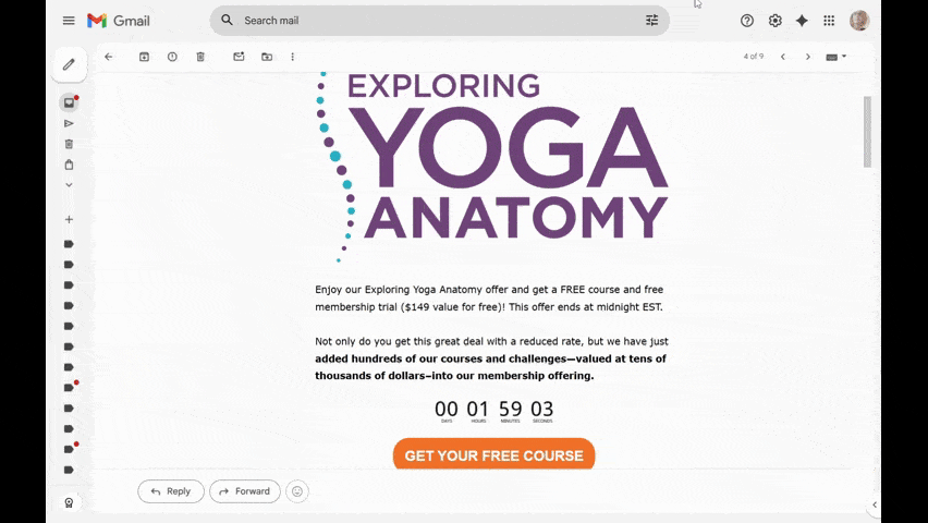 A video showing a Yoga International email with a countdown ticker. We see it tick down from 2 hours down to 1 hour, 59 minutes.