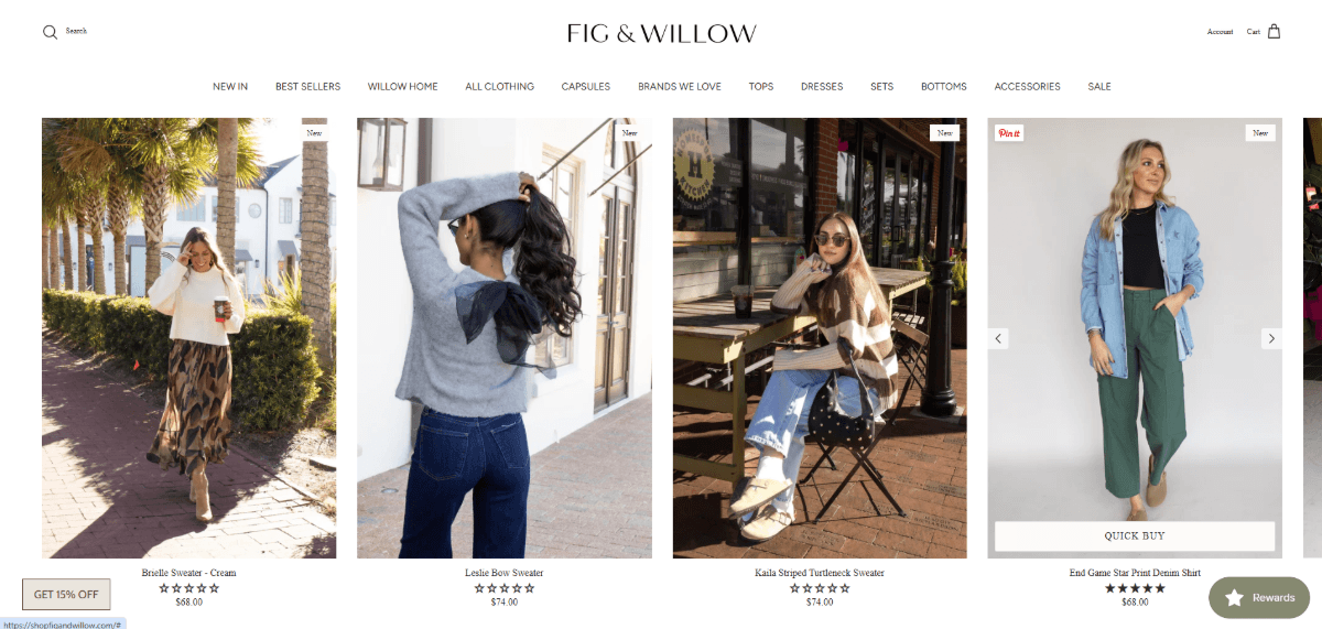 Retailer Fig & Willow uses realistic settings for many of its product photos. In the first photo seen here, a woman wearing a white sweater and long animal print skirt walks down Atlantic Blvd. in the Atlantic Beach town center. In the third photo, a woman wearing a brown striped sweater and jeans sits in front of Homespun Kitchen, a local restaurant.