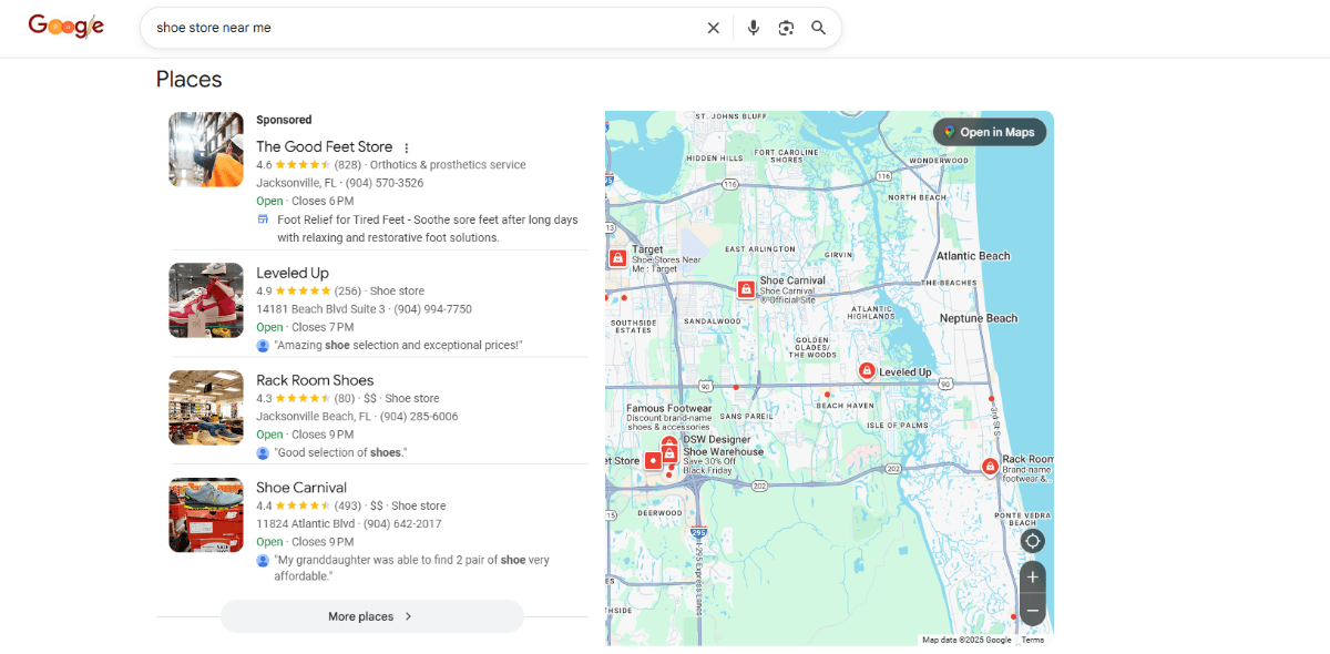 A search for “shoe store near me” on Google shows a list of “Places” that match the query. Four stores are shown: The Good Feet Store, Leveled Up, Rack Room Shoes and Shoe Carnival. On the left are some details about each store. On the right is the map showing their location.
