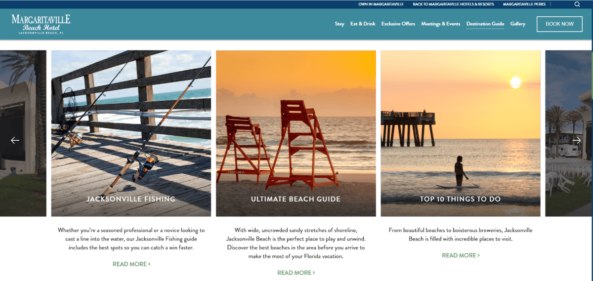 Screenshot of the Margaritaville Destination Guide page. This section shows different recommendations on what visitors can do, like Jacksonville Fishing, the Ultimate Beach Guide, and Top 15 Things to Do.