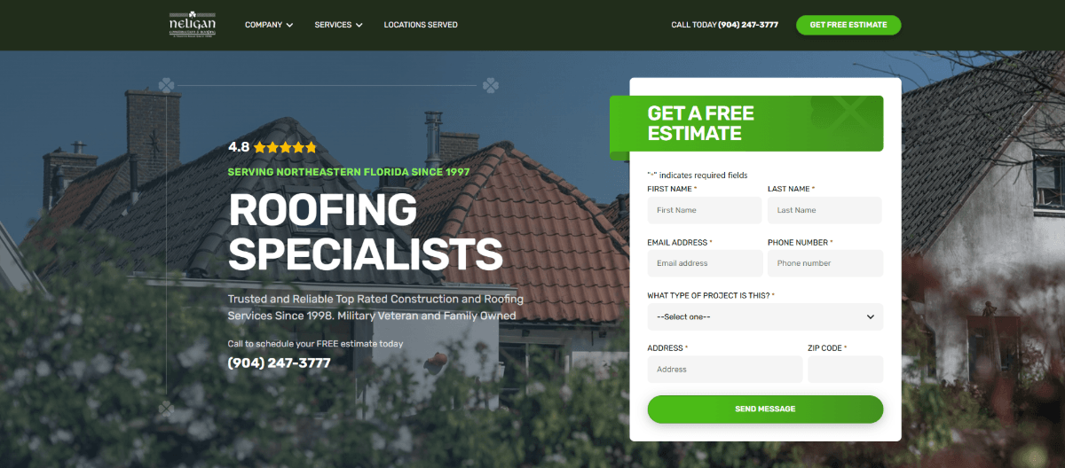 The above-the-fold section of the Neligan Construction home page. The hero section has a photo of homes, with a focus on the roofs. In the foreground is text that reads “Serving Northeastern Florida Since 1997” and “Roofing Specialists”.