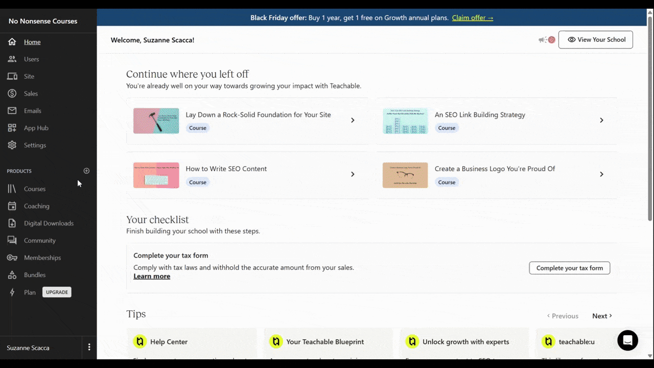 A video shows how a user would create a new course in Teachable. After clicking the plus sign and selecting “Course”, the user works through the 5-step questionnaire to add important details, graphics, and lesson outlines to their course.