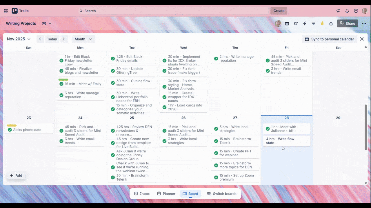 A video showing a user completing tasks and closing out a card in Trello. They click on a task that is in full color but without a green complete circle next to it. The card opens and they go down to the checklist of To-dos. As they click each one, the box fills with a checkbox and turns blue. The task name also gets a strikethrough. A progress bar tracks their progress until it lights up green when they’re done with all tasks. They then click the hollow circle next to the task name, which turns green.