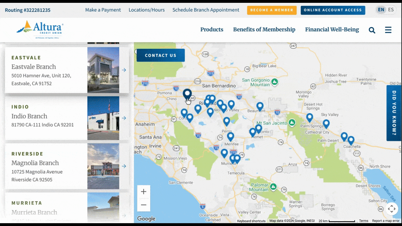 A video shows how the Altura Credit Union locations map works. When a user clicks on a map pin, it highlights the matching location on the left. If the user clicks on the block for that location, a scrollable pop-up appears that contains information about the address, phone number, hours, services available, product, branch info, branch manager, and numerous action buttons.