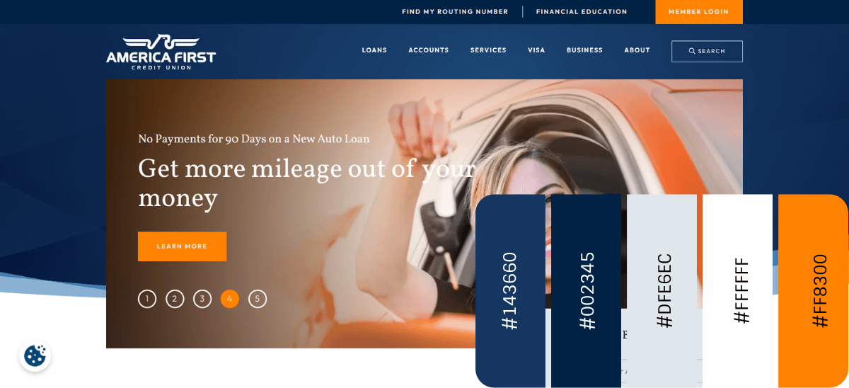 A screenshot from the America First Credit Union website homepage. The tagline is “Get more mileage out of your money” and it’s set against an orange-toned image of a woman with her head and arm hanging outside her car window. In the foreground is the color palette for this site: 143660, 002345, DFE6EC, FFFFFF, FF8300.