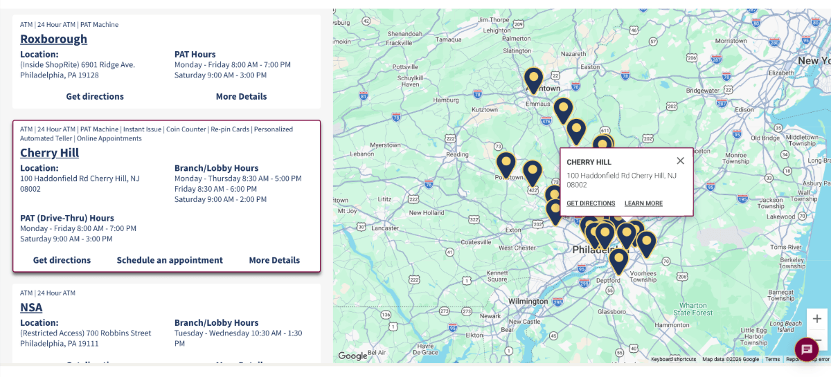 The map on the American Heritage Credit Union site has clickable pins. Here we see the Cherry Hill pin has been clicked. In the map, we see the address is 100 Haddonfield Rd, Cherry Hill, NJ 0800s and there are buttons for Get Directions and Learn More. The sidebar provides more details.