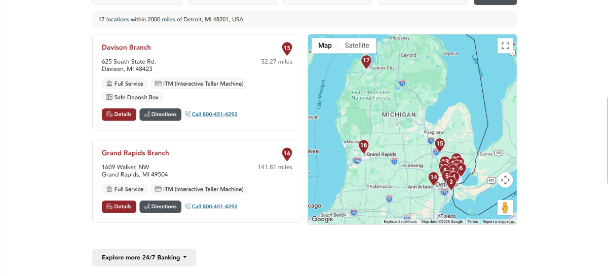 On the Credit Union One Branches & ATMs page, users will find three call-to-action buttons on each location card. There’s a red “Details” button, grey “Directions” button, and a “Call [phone number]” text link.