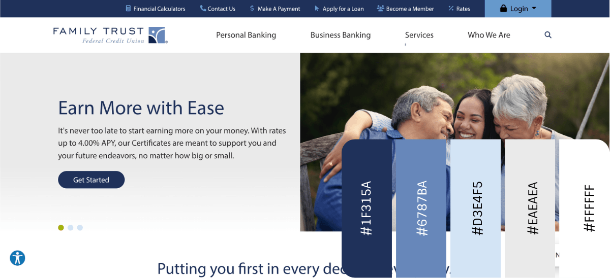 A screenshot from the Family Trust website homepage. The tagline is “Earn More with Ease” and it’s set against a gray-white gradient background. To the right is a happy smiling family. In the foreground is the color palette for this site: 1F315A, 6787BA, D3E4F5, EAEAEA, FFFFFF.