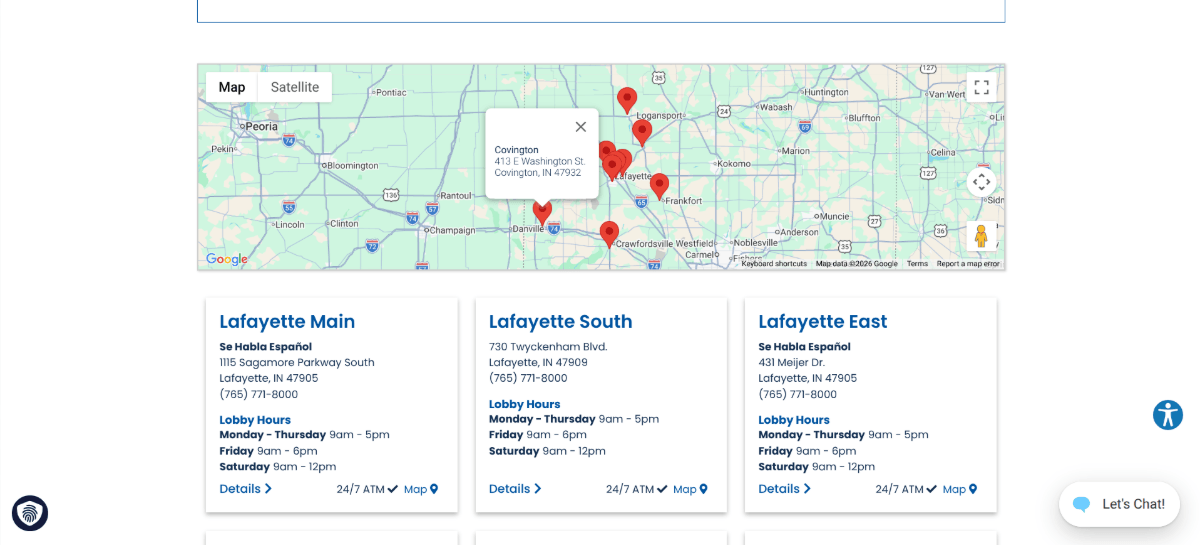 IFCU location map On the IFCU Locations page, users are able to select pins on the map to get directions to each location. Beneath the map is a list of the locations with expanded details. They include location name, “Se Habla Espanol”, address, phone number, lobby hours and dates, details, 24/7 ATM availability, and map link.