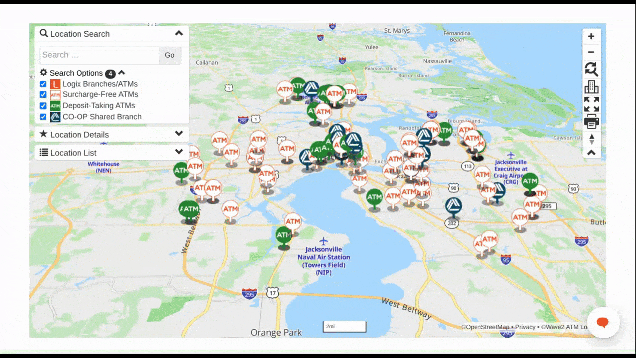 A video shows how users can interact with the Logix Banking location map. When a location pin is clicked, a detailed pop-over appears with 3 tabs for Location, Details, and Actions. Users can also open the minimized Location Details and Location List panels on the left to see more information. 