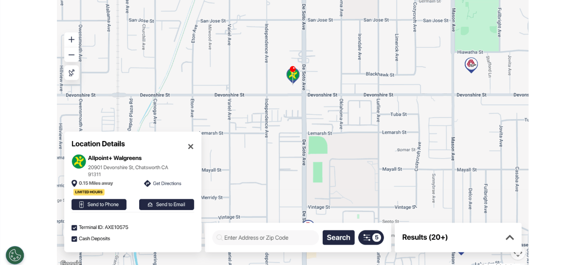 Premier America location map On the Premier America Credit Union Locations page, the Allpoint+ Walgreens location pin has been clicked. In the information card in the bottom-left corner, we see three links. There’s a text “Get Directions” link, a “Send to Phone” button, and a “Send toEmail” button.