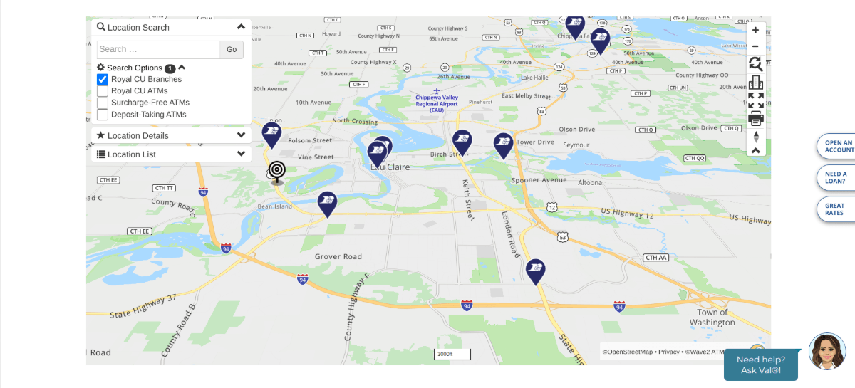 The Royal Credit Union Locations page includes a filterable map. Users can search for locations of Royal CU Branches, Royal CU ATMs, Surcharge-Free ATMs, and Deposit-Taking ATMs. In this view, all we see are pins for Royal CU Branches.