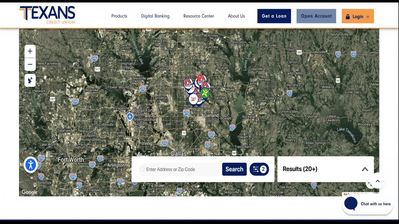 Texans Credit Union locations map A video of the Texans Credit Union Locations map shows the search bar at the bottom of the map. As the user types “Richardson”, the map provides auto-populated matches. When the user clicks on “Richardson, TX”, the map zooms in on that area and all the locations that are available.