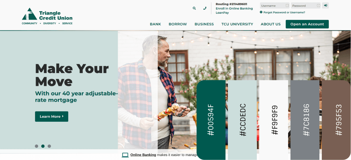 A screenshot from the Triangle Credit Union website homepage. The tagline is “Make Your Move” and it’s set against a light green solid background. To the right is a photo of an outdoor family barbeque and gathering. In the foreground is the color palette for this site: 00594F, CCDEDC, F9F9F9, 7C8186, 795F53.