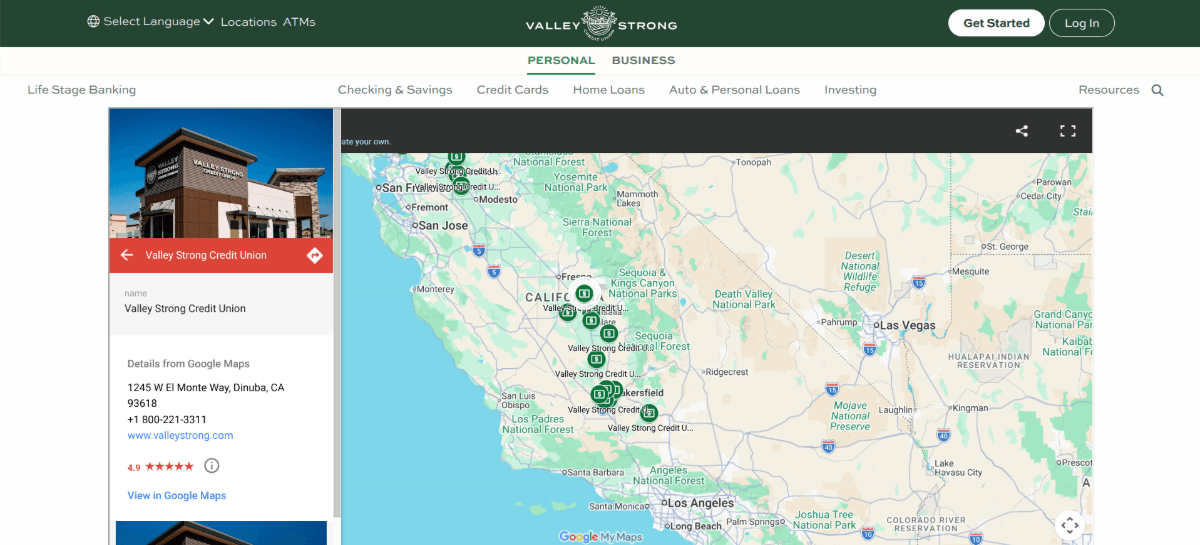 The interactive location map on the Valley Strong website shows green pins around California. When a user clicks on a credit union location — in this case, the one on 1245 W El Monte Way, Dinuba, CA — they see details from the Google Business listing on the left.